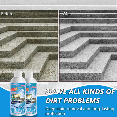 Tile marble cleaner polish agent before and after image showing effective stain removal and restoration on stone steps.