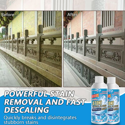 Tile and marble surfaces before and after using powerful stain removal and descaling cleaner.